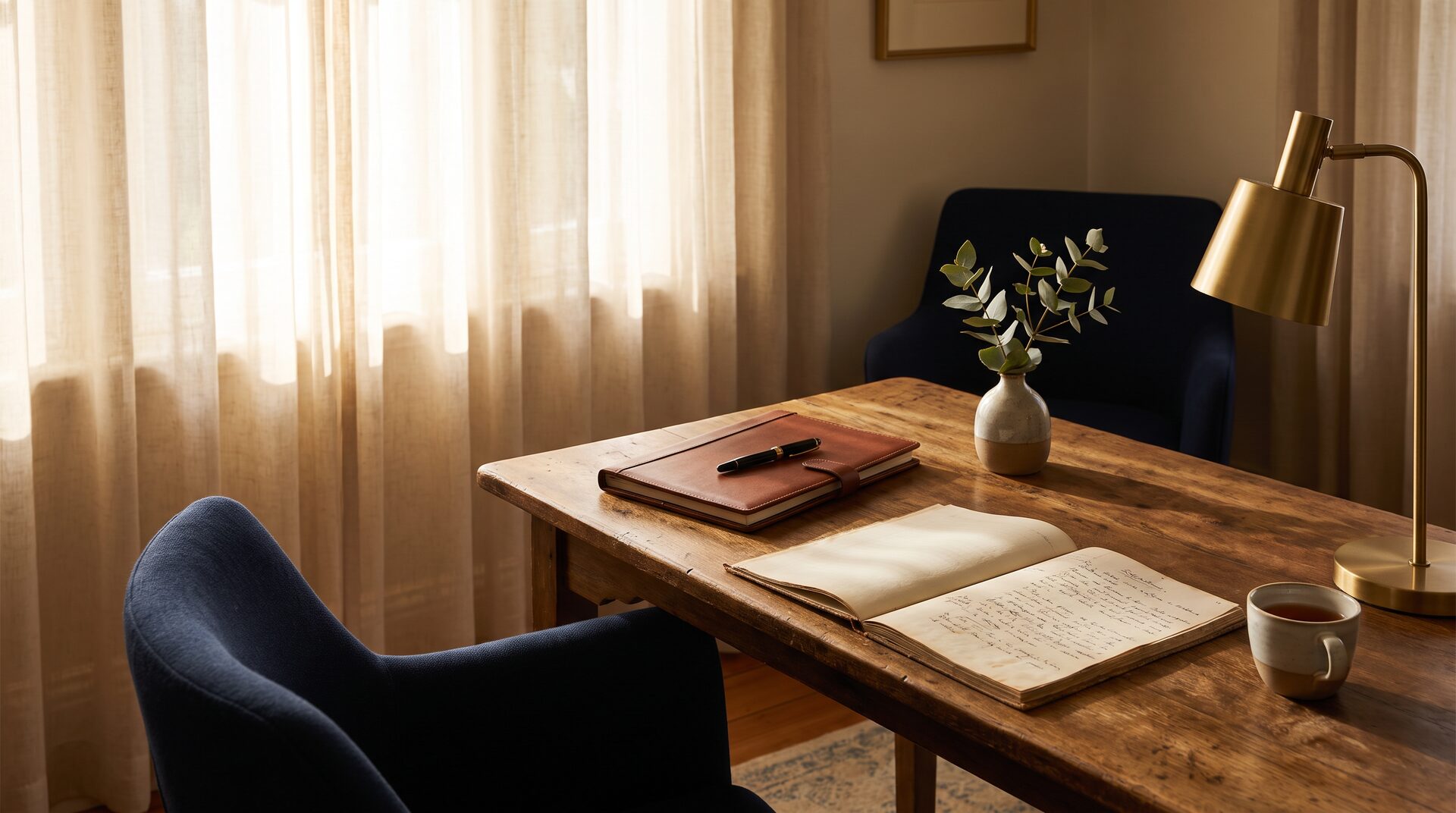 A sunlit Australian home study desk with an open leather folio, fountain pen, eucalyptus sprig and cup of tea, quiet institutional purpose.