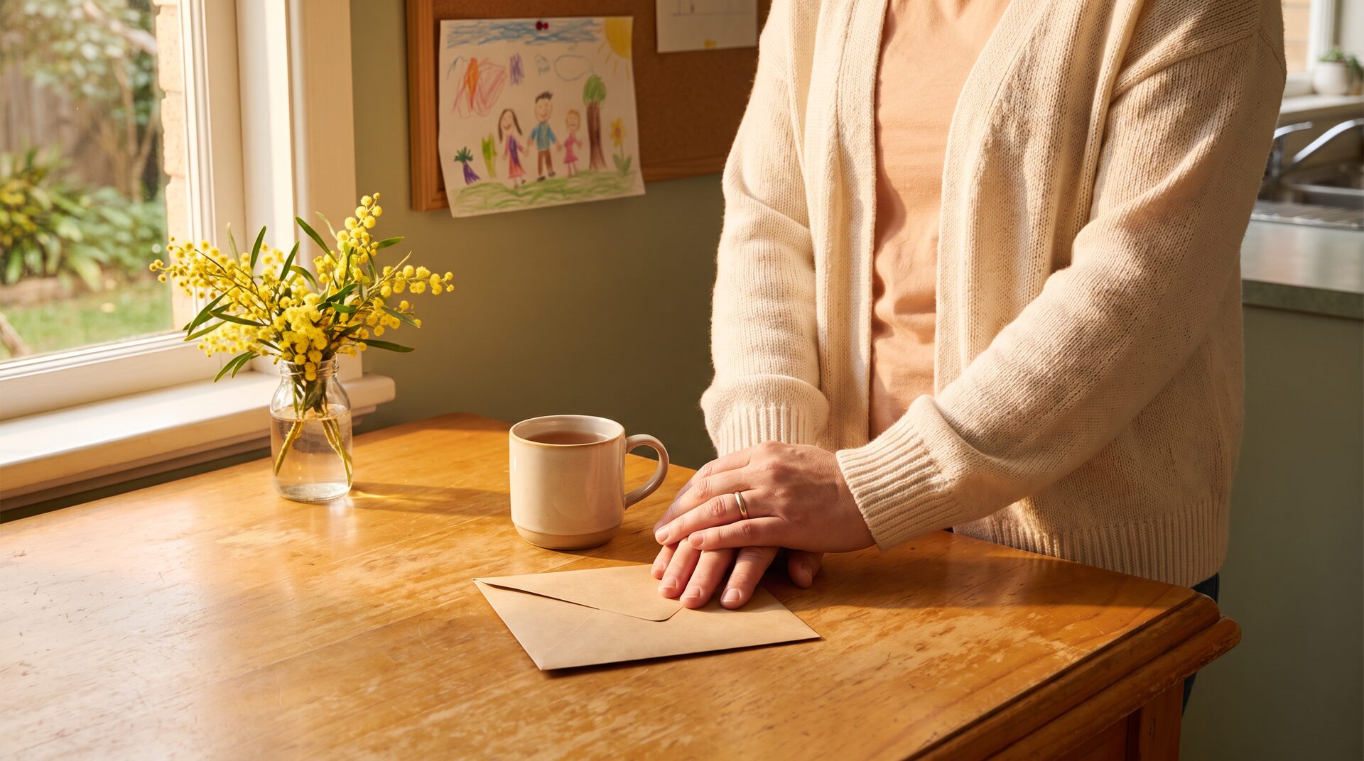 A warm sunlit Australian kitchen with hands folded over an unopened envelope, a mug of tea and yellow wattle wildflowers, the moment financial pressure lifts.
