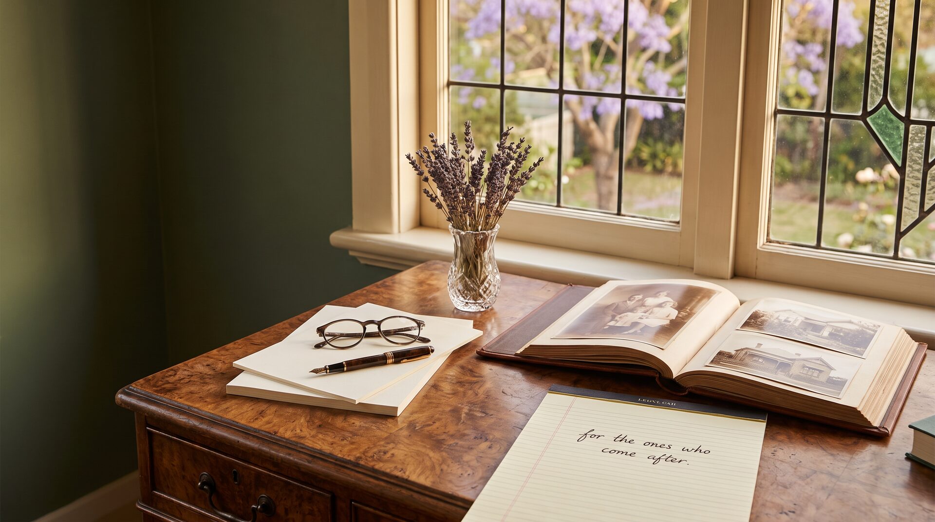 An Australian sunroom writing desk with a fountain pen, open sepia photo album, dried lavender and a legal pad reading for the ones who come after.