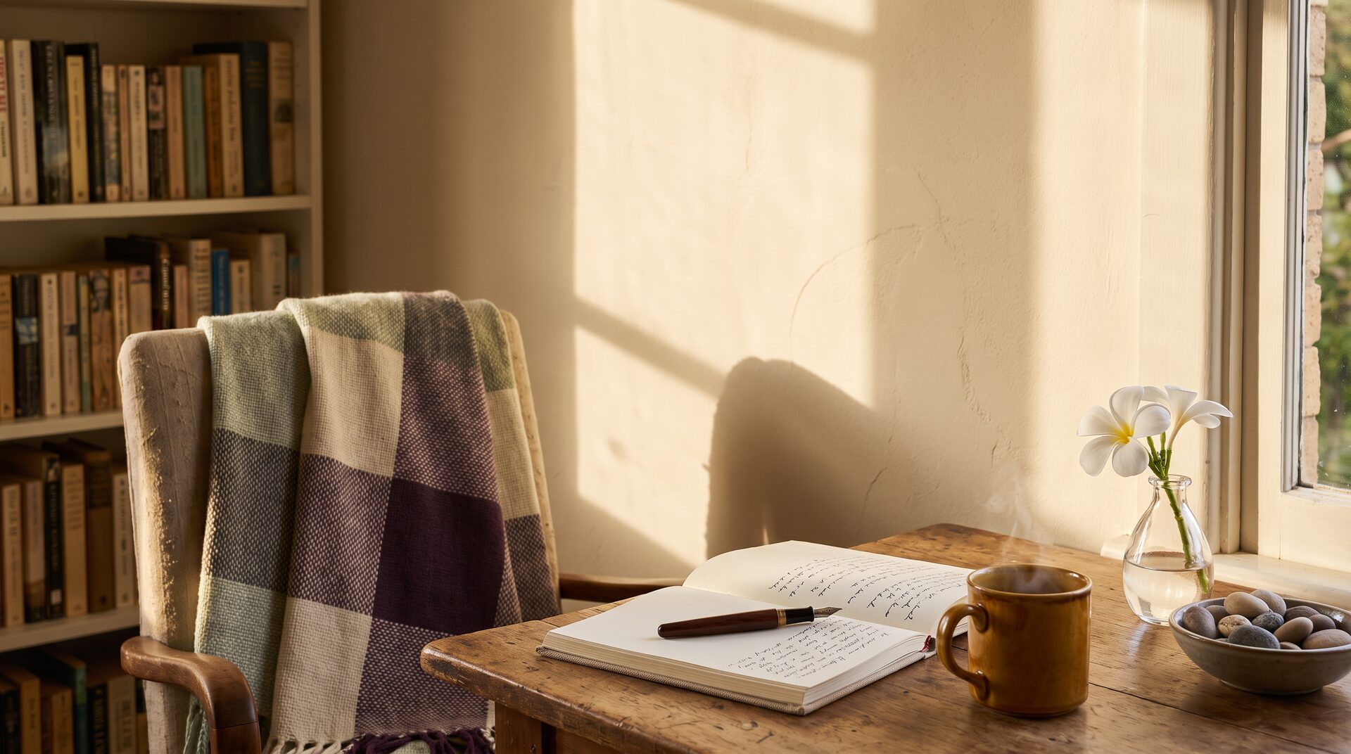 A quiet Australian home writing nook with a handwoven throw, open journal, mug, river stones and a single white frangipani, the sanctuary where stories are held.