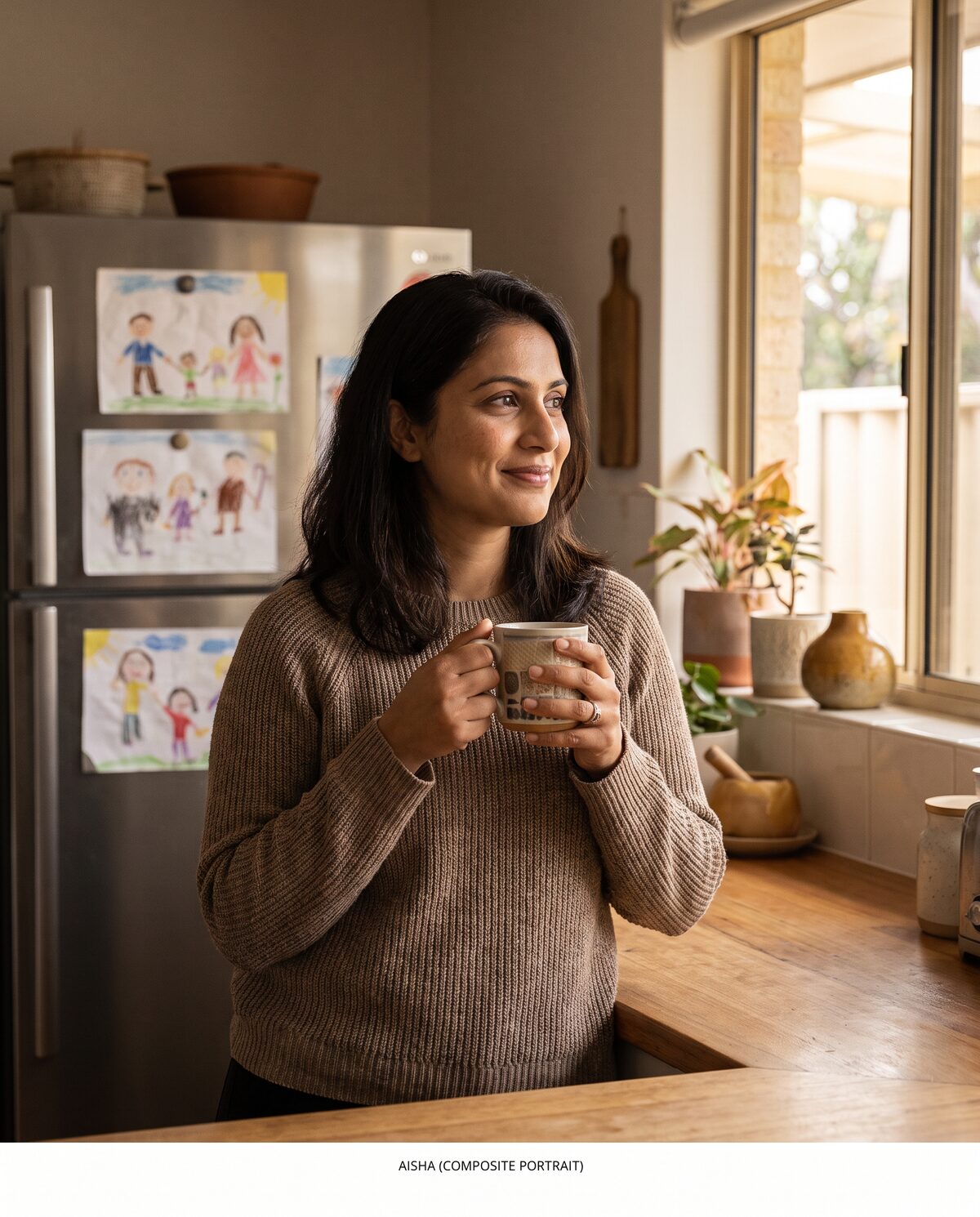 Composite portrait of Aisha, woman in her late thirties, Perth kitchen