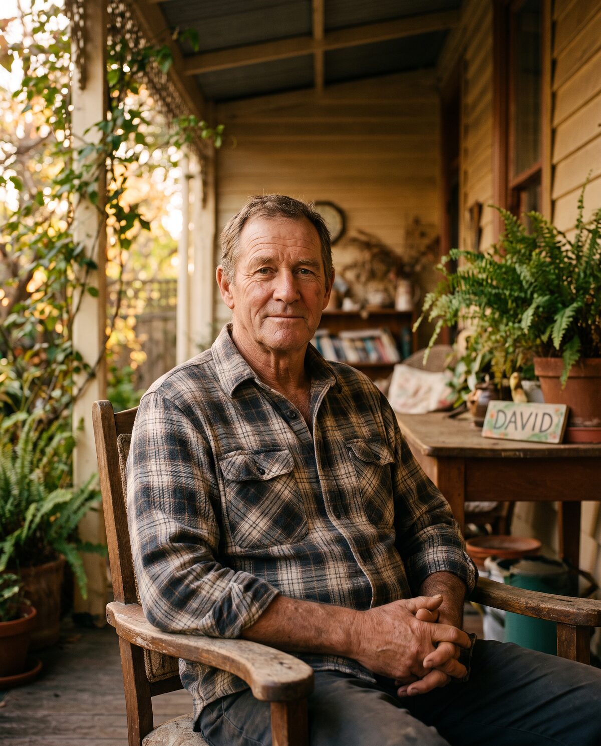 Composite portrait of David, man in his early sixties on a Victorian home verandah