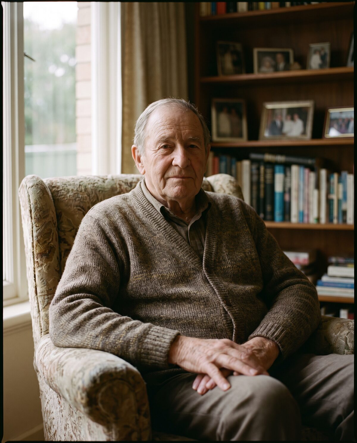 Composite portrait of James, man in his late fifties, Adelaide living room, evening light