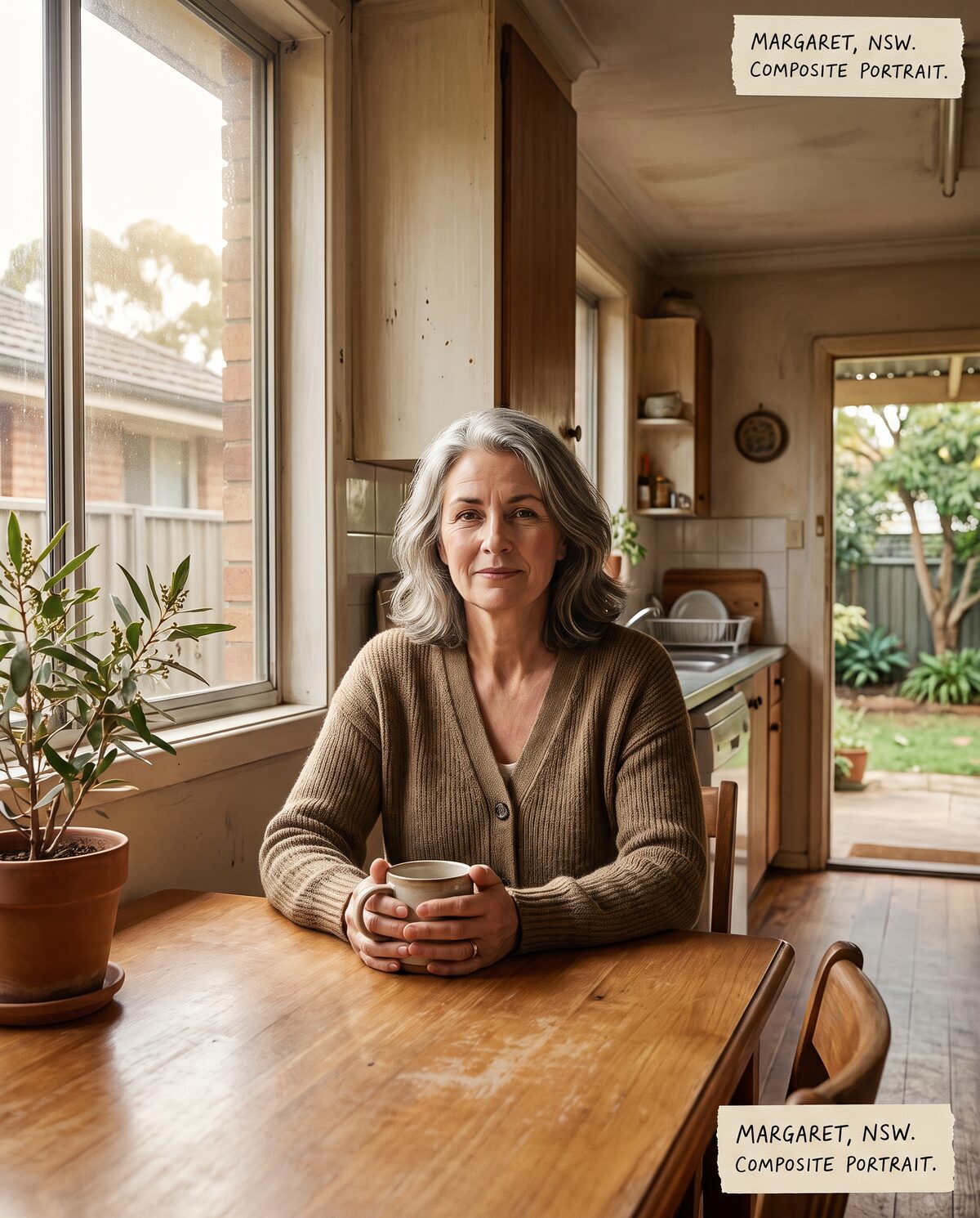 Composite portrait of Margaret, woman in her early fifties, kitchen table, NSW
