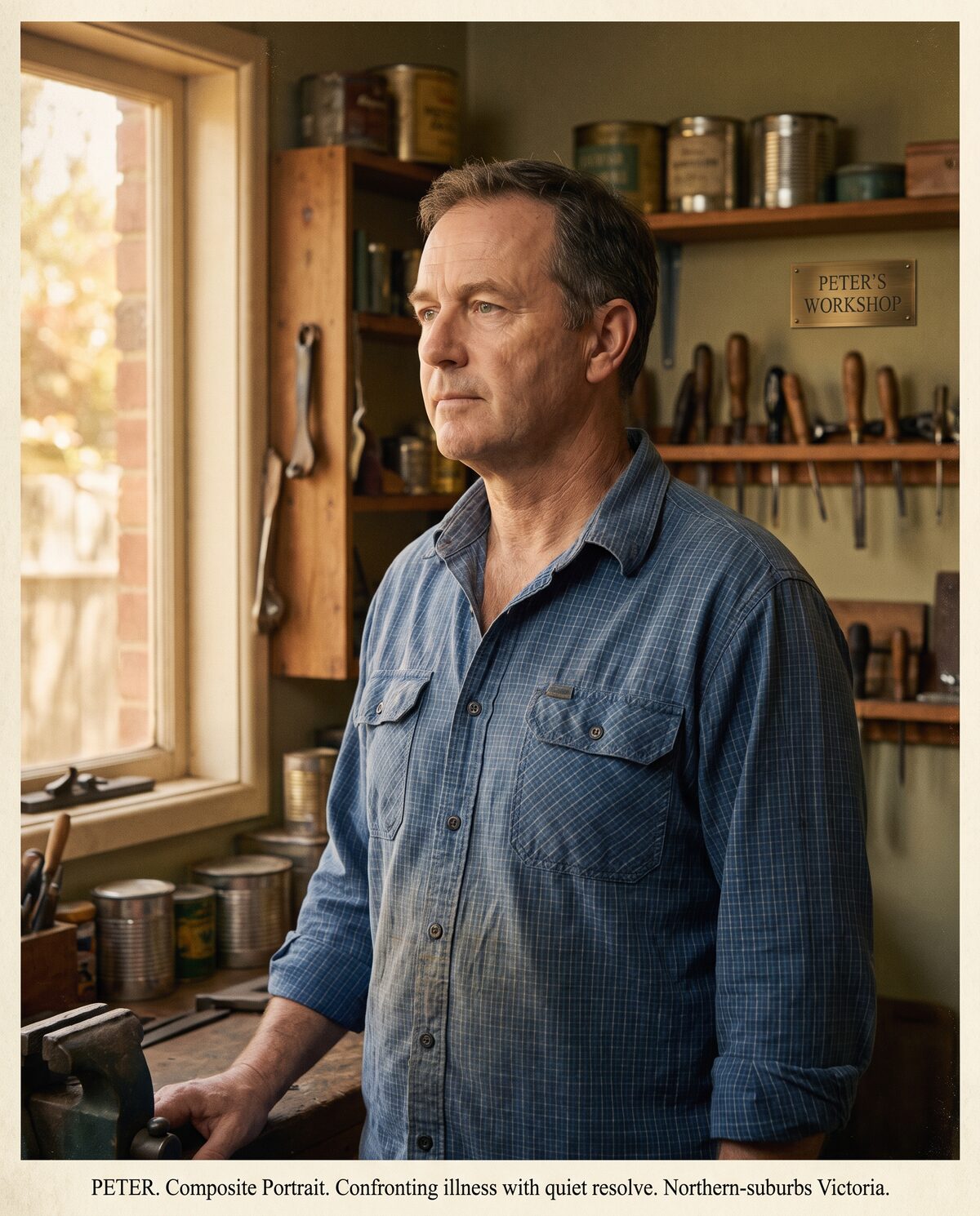 Composite portrait of Peter, man in his early fifties, home workshop, Victoria