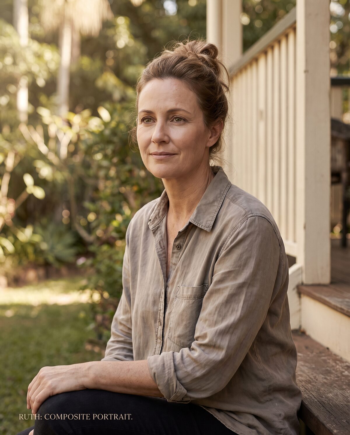 Composite portrait of Ruth, woman in her late forties, Queensland home garden