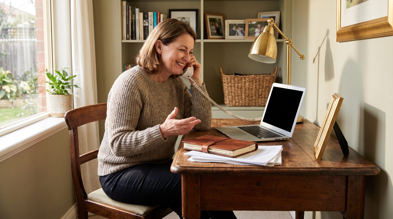 An Australian licensed advocate at a desk on the phone in a quiet home office, papers and laptop nearby, warm afternoon light, the professional hour that a donation funds.