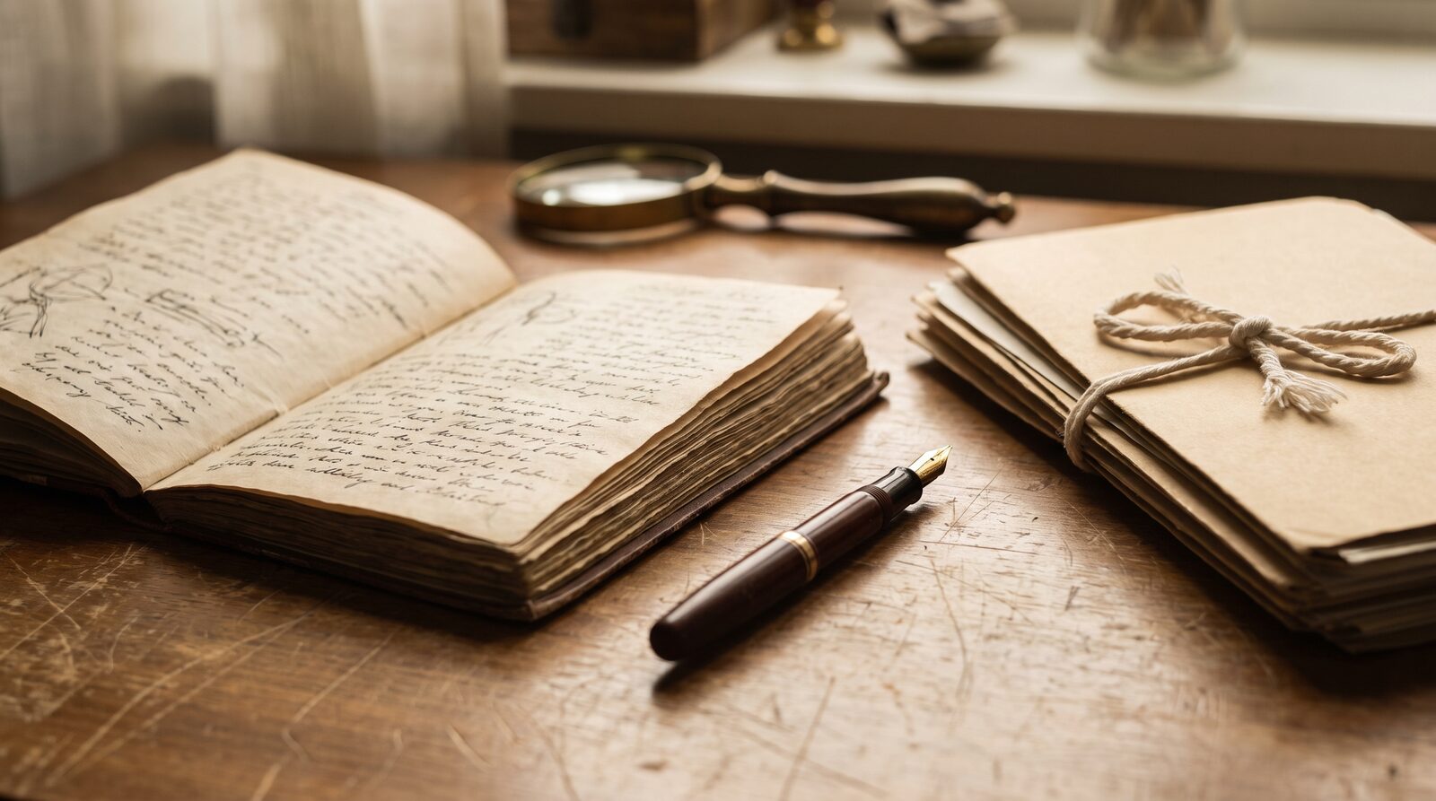 An open notebook with handwritten case notes and a fountain pen on a wooden desk, alongside string-tied manila folders, the careful record-keeping that builds the cumulative evidence base.