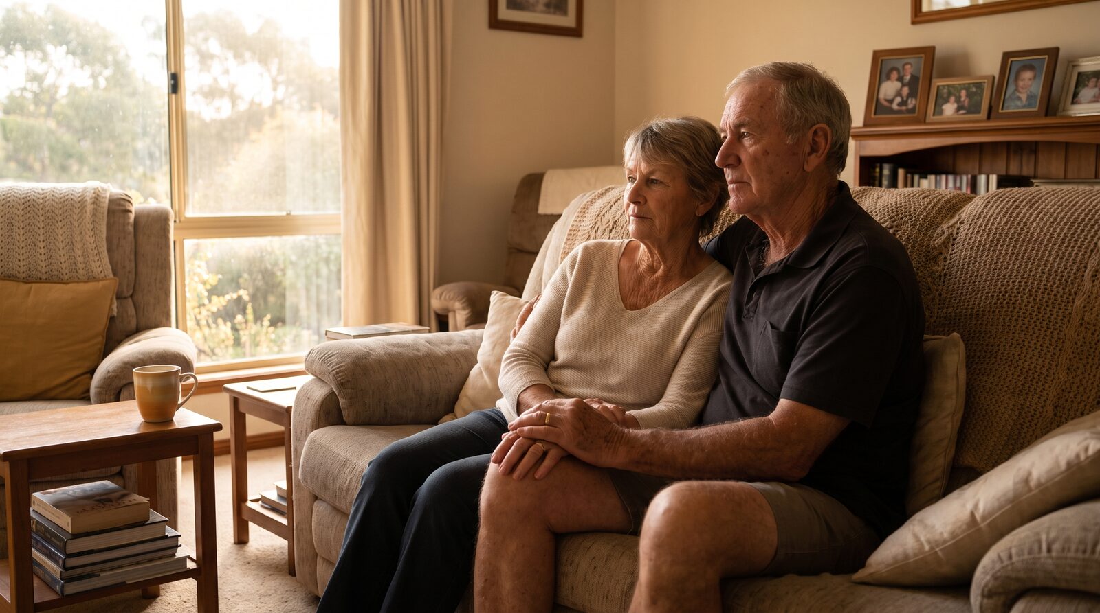 An older Australian couple sitting together on a couch in their family living room in soft afternoon light, the outcome the model works toward: quiet dignity restored.