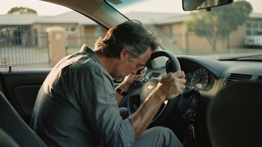 A husband sits alone in his car, carrying the weight of his wife's terminal illness and their mounting debt